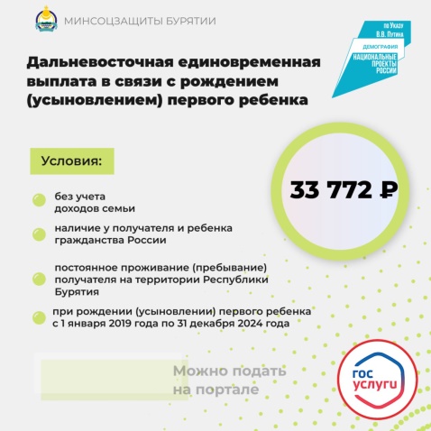 Более 1,5 тысячи граждан Бурятии получают ежемесячную выплату на первенца. Более 1,5 тысячи граждан Бурятии получают ежемесячную выплату на первенца.