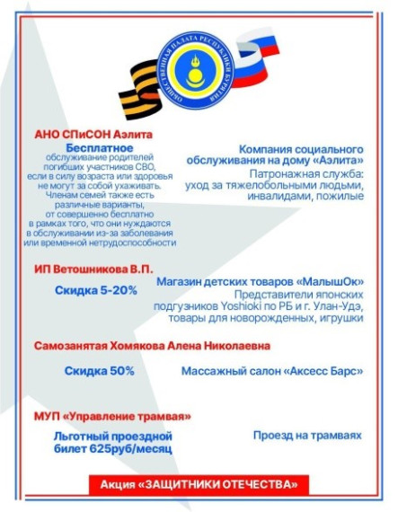 Региональная акция поддержки участников СВО и членов их семей, организованная Общественной палатой Республики Бурятия, бизнес-сообществом и Правительством Республики Бурятии "Защитники Отечества" продолжается..